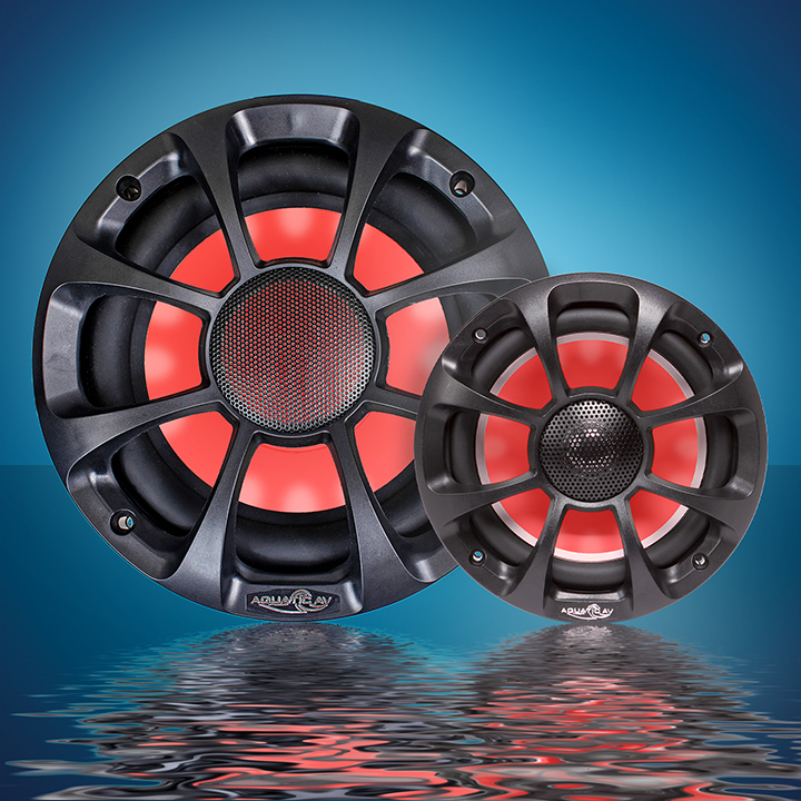 pro sport rgb marine speakers and 10" waterproof subwoofer for rgb waterproof sound system and the best marine audio from aquatic av, speaker and subwoofer illuminated red on water background