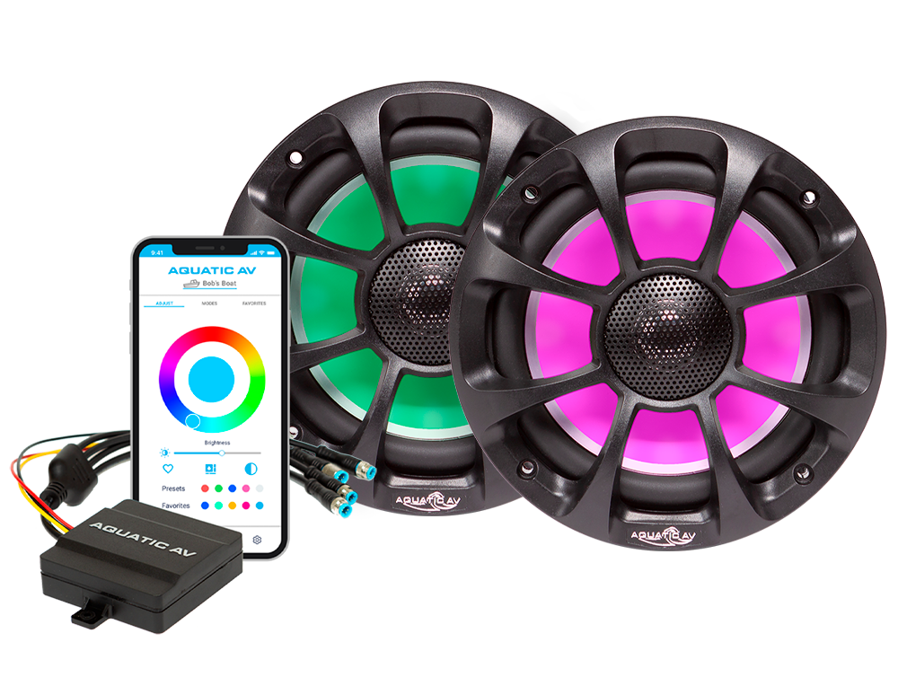 RGB waterproof speakers, RGB marine speakers, RGB powersports speakers or RGB marine sound system devices from Aquatic AV