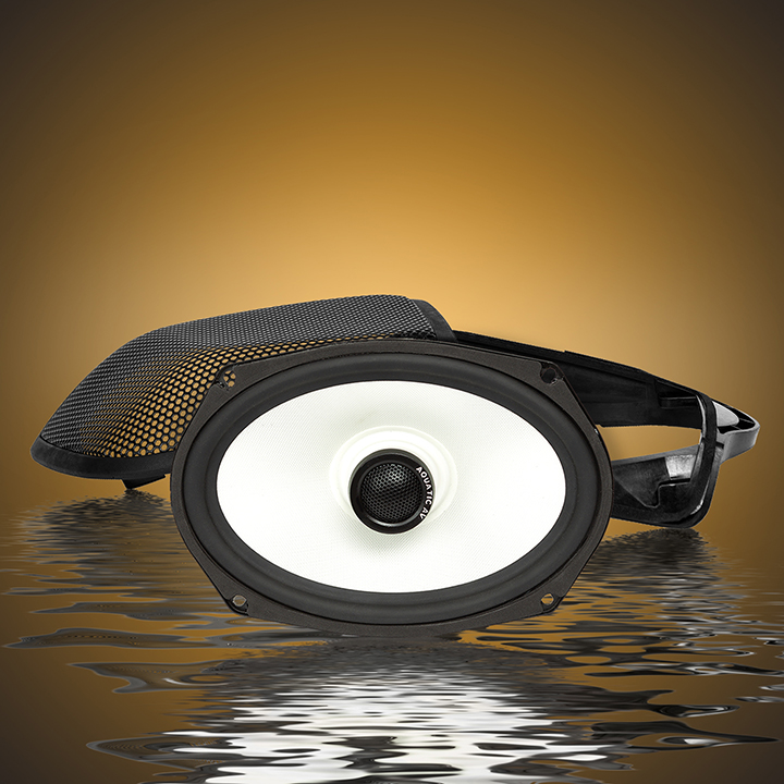 harley saddlebag speaker kit from aquatic av on water background