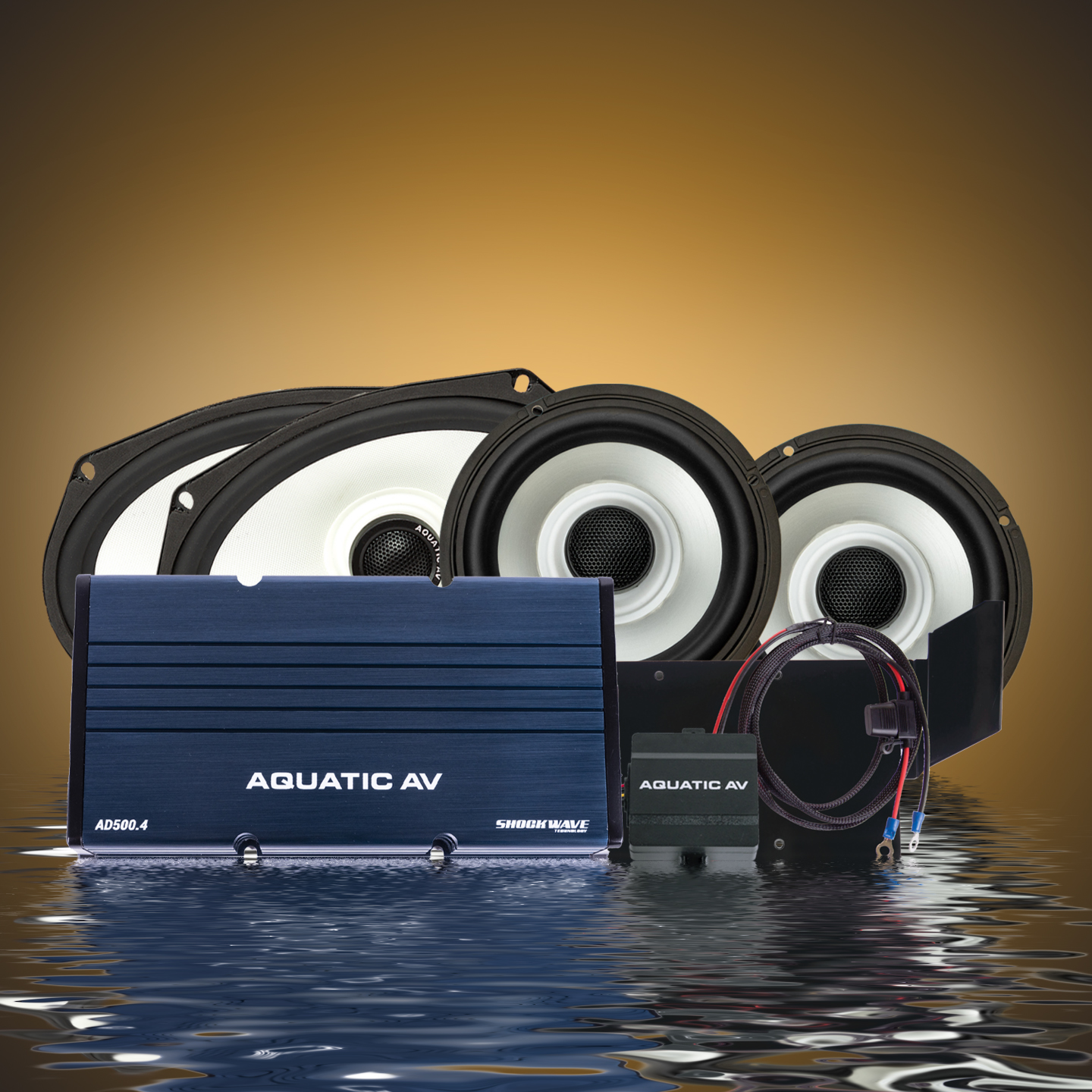 speaker and amp kit for Harley from aquatic av on water background